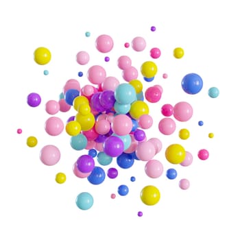 Colorful balloons isolated on white background. Multicolor, vibrant foreground. Cut out graphic design elements. Round shape, explosion, blast, circle. Happy birthday, party decoration. 3D render