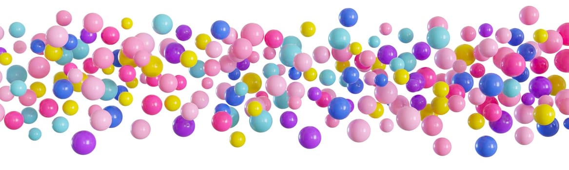 Colorful balloons line isolated on white background. Multicolor, vibrant foreground. Border, row. Cut out graphic design elements. Happy birthday, party decoration. Helium balloon group. 3D render