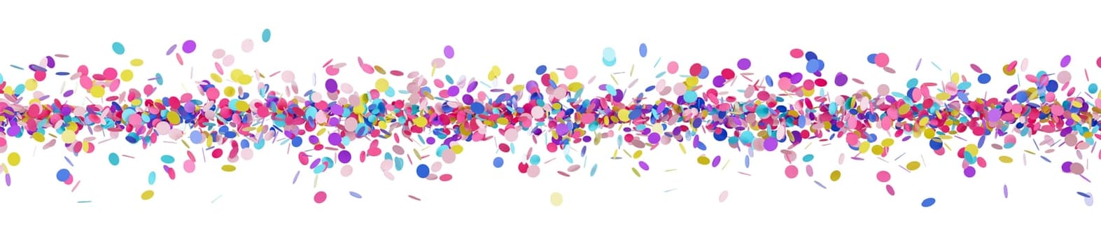 Colorful confetti line isolated on white background. Multicolor, vibrant foreground. Border. Particles row. Cut out graphic design elements. Happy birthday, party decoration. 3D render