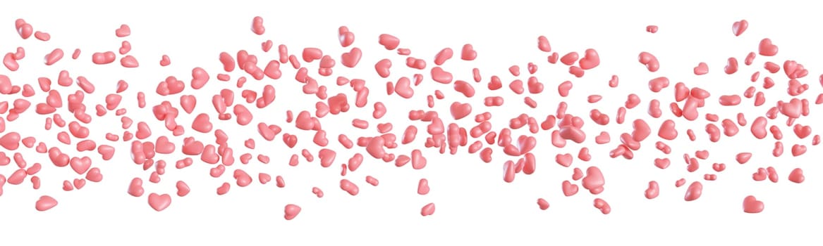 Pink hearts line isolated on white background. Cute foreground. Border. Particles row. Cut out graphic design elements. Valentine's Day decoration. Small hearts. Love symbol. 3D render