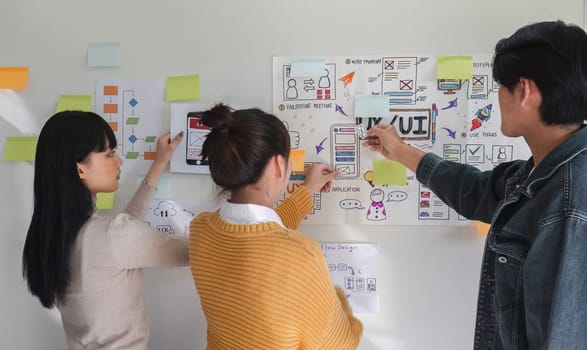 Image of a team of developers brainstorming UI and UX design ideas for a mobile app on a paper wireframe interface. Planning the user interface development team for an intuitive UI design..