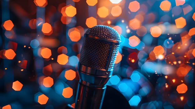 An electric blue microphone is set against a blurry cityscape backdrop of orange automotive lighting and tree shades, creating an atmospheric entertainment scene