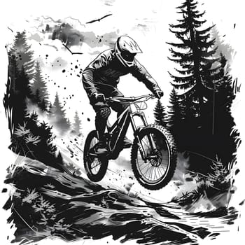 A person is enjoying recreational mountain biking on a trail through the woods, riding a land vehicle with bicycle wheels, tires, and frame