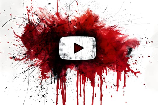 Dramatic play button with red and black paint splatter on white background.