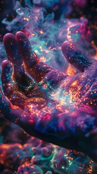 A closeup of a hand with glowinthedark liquid paint in shades of purple, magenta, electric blue, resembling a geological phenomenon or lava