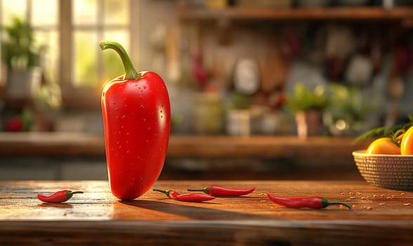 Red pepper lies on a blurred background. Selective focus.