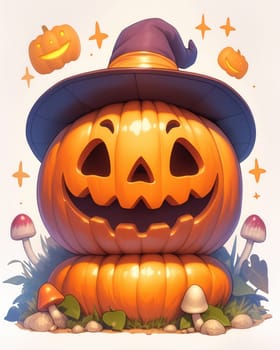 Illustration ominous halloween pumpkin on white background. Selective focus.