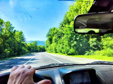 The driver enjoys a picturesque journey on a winding road surrounded by vibrant green trees and mountains under clear blue sky during summer