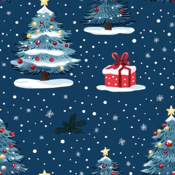 Seamless pattern, illustration with a Christmas tree and gifts on a blue background. Selective focus.