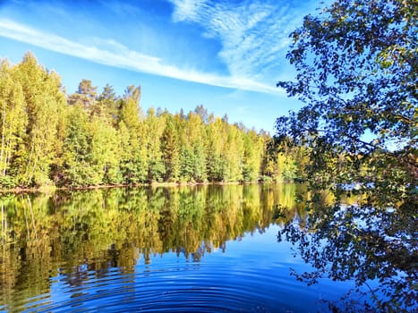 The calm waters of the lake mirror colorful trees under a bright blue sky on a clear autumn day.