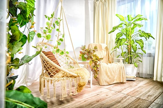 Modern cozy beautiful room with a braided rope macrame swing, chair, green plants, small table and curtains. Interior and background. Location for photo shooting