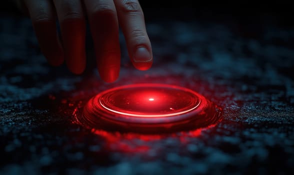 A hand presses a red button. Selective focus.