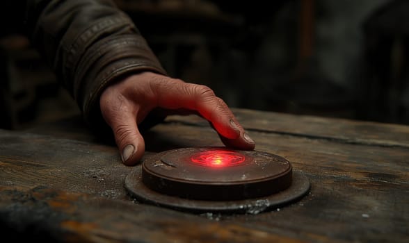 A hand presses a red button. Selective focus.