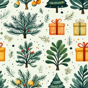 Seamless pattern, illustration with a Christmas tree and gifts on a light background. Selective focus.