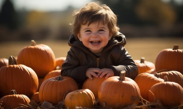 little child sitting in a field near a pumpkin. Selective focus.