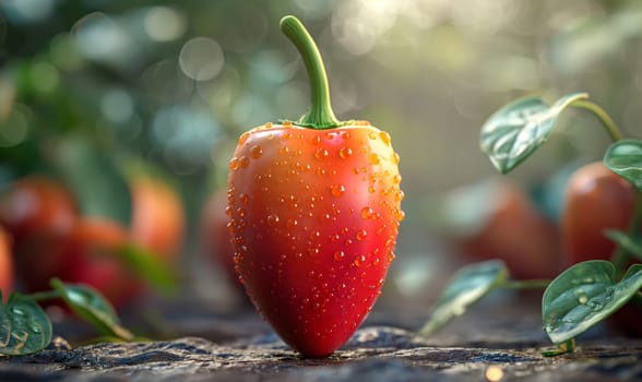 Red pepper lies on a blurred background. Selective focus.