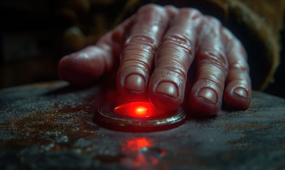 A hand presses a red button. Selective focus.