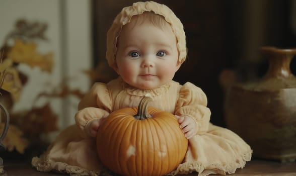 little girl sitting next to pumpkin on abstract background. Selective focus.