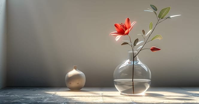 A vibrant red flower blooms in a vase on a table beside a window, adding a touch of nature and beauty to the room