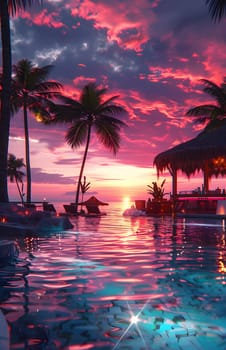 A serene setting with a pool surrounded by palm trees, under a colorful sunset sky with clouds and a beautiful afterglow, creating a perfect dusk ambiance