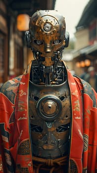 Steampunk robot in a red samurai kimono, merging heritage and innovation