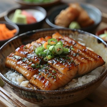 A delicious dish of Unagi eel and rice, topped with fines herbes, served on a table. This seafood cuisine recipe combines animal product and ingredients for a flavorful meal