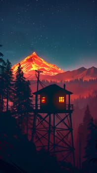 A mountain fire lookout with illuminated windows during sunset under a starry sky