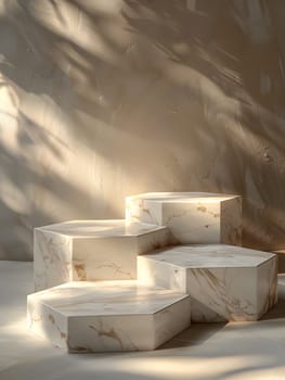 A group of marble blocks stacked on a wooden table, resembling a landscape painting. The sky merges with the natural landscape in the rectangular art piece