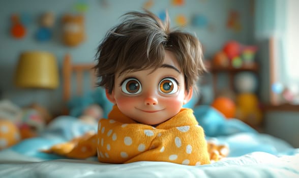 Illustration, a little child lies in bed and looks with big eyes. Selective focus.