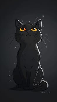 A feline of the carnivorous Felidae family with whiskers, a snout, and a tail, the black cat with yellow eyes is sitting in the darkness on a black background