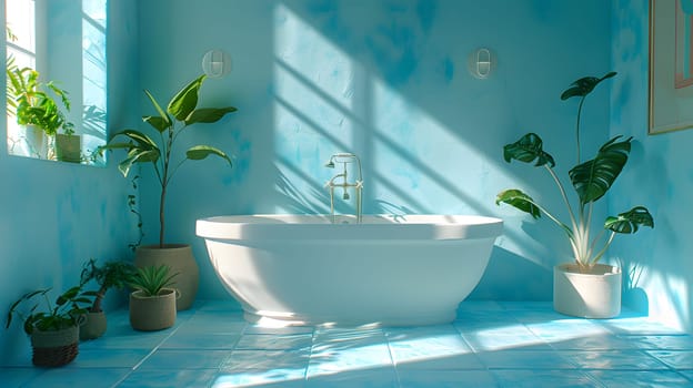 A house with azure walls and a bathtub, adorned with potted plants. The aqua houseplants in flowerpots bring life to the room