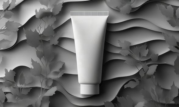 White tube of cream on creative gray background. Selective focus.
