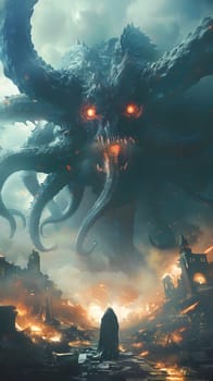 Giant monster with tentacles and fiery eyes towers over apocalyptic cityscape