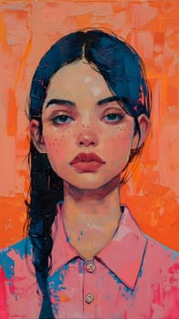 A stunning painting portraying a woman with blue hair and freckles, donning a pink shirt. Her facial expression, nose, cheeks, chin, and eyebrows are beautifully captured in the art paint on canvas