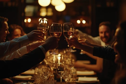 A team joyfully celebrates the successful completion of a project. Friends and colleagues raise their glasses in a warm, intimate gathering filled with laughter and appreciation.