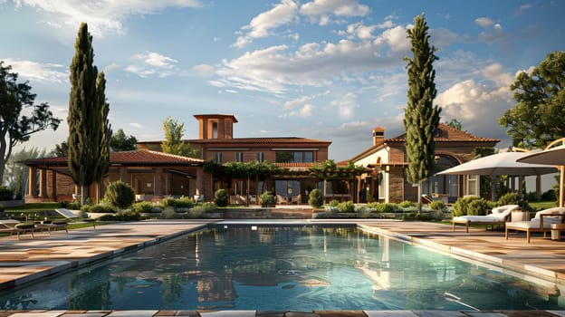 Luxurious modern villa featuring a pool, garden, and scenic surroundings.