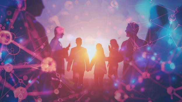 Silhouettes of business professionals networking with an abstract tech background