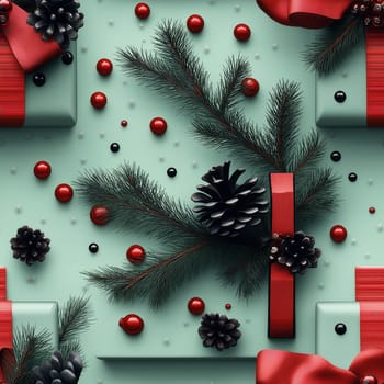 Seamless pattern, illustration with a Christmas tree and gifts on a green background. Selective focus.