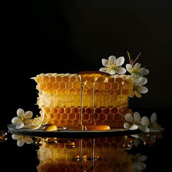 A honeycomb with dripping honey and flowers placed on a dark reflective surface