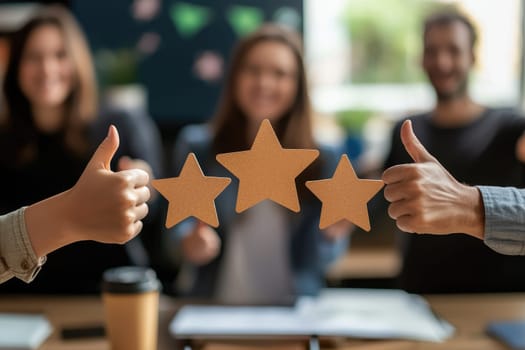 A modern office scene showing employees engaged in sharing feedback. The image depicts hands giving thumbs-up and star ratings, symbolizing teamwork and satisfaction in a collaborative environment.