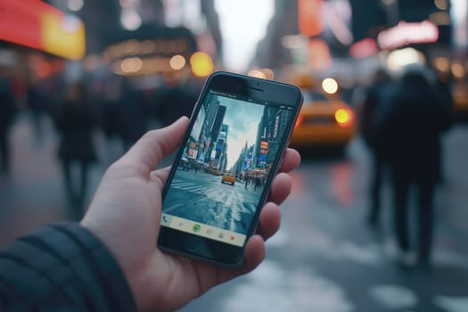 A close-up view of a hand holding a smartphone, showcasing a vibrant city scene on the screen. The image captures urban life and technology.