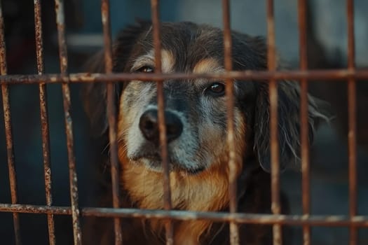 A sad stray dog looks through the bars of a cage in an animal shelter, embodying the emotion of abandonment and hope for a loving home and care.