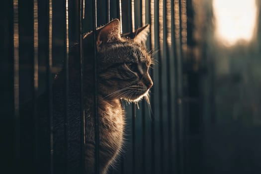 A lonely stray cat sits quietly in a cage, bathed in soft light and shadows, evoking a sense of solitude and longing for companionship.