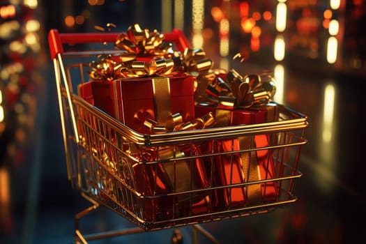 A modern shopping cart overflowing with elegantly wrapped gifts, showcasing a festive atmosphere perfect for the holiday season, highlights the joy of giving.