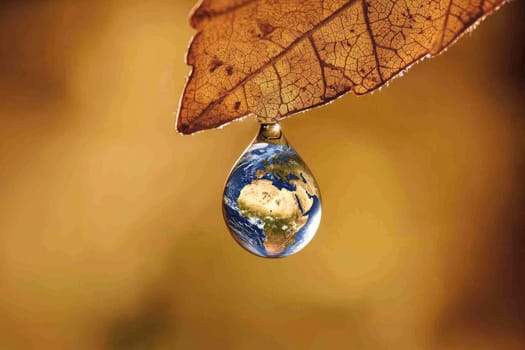A perfectly spherical water drop hangs on a leaf, reflecting the Earth within. This serene macro shot highlights the beauty of nature and the environment.