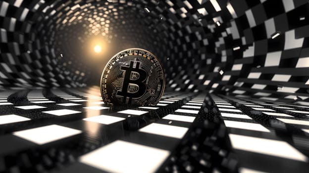 A black bitcoin floats in the center of a checkered tunnel with monochrome architecture and sleek metal circle patterns