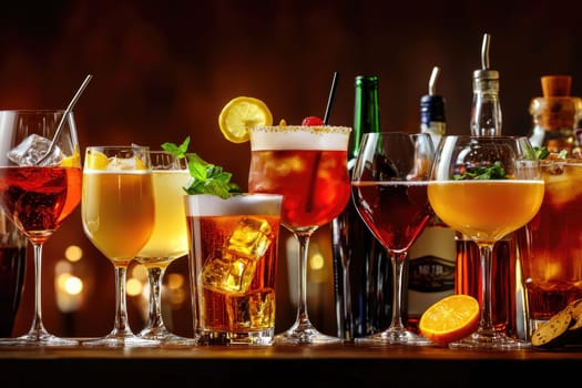 A vibrant collection of cocktails displayed on a bar counter, showcasing colorful drinks garnished with fresh fruits and herbs, perfect for any festive occasion.