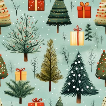 Seamless pattern, illustration with a Christmas tree and gifts on a green background. Selective focus.