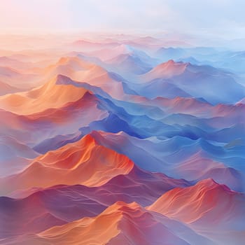 A breathtaking painting capturing the natural landscape of a mountain range under a vibrant sunset sky. The atmospheric phenomenon of cumulus clouds adds depth to the horizon