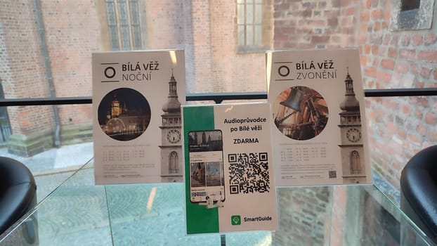 October 22 2024 Hradec Kralove, Czech Republic Europe, Kralov region, White Tower entrance , advertising information for tourists, old history building architecture city town, day. High quality photo